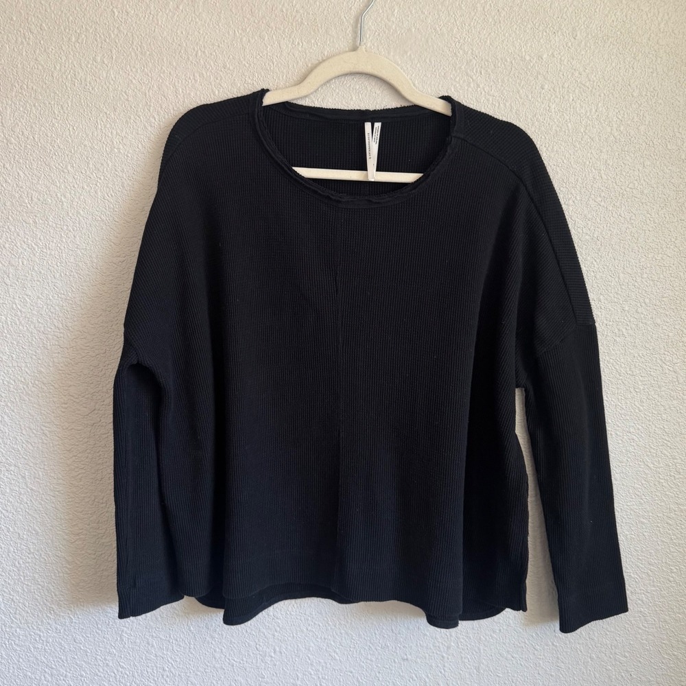 Anthropologie Black Waffle Knit Thermal Oversized Top Crew Neck‎ XS Relaxed Boho